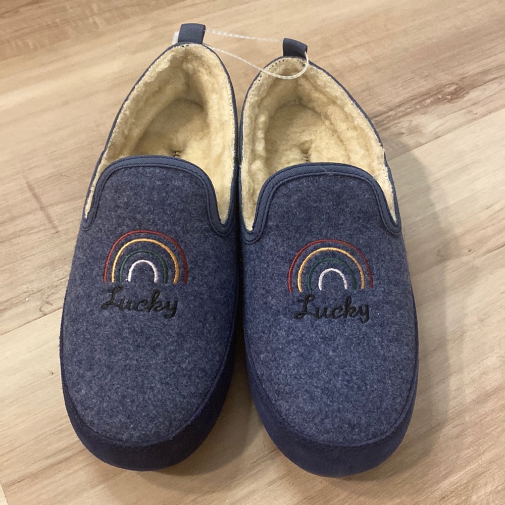 NWOB Lucky Brand Women's Lucky Rainbow Blue Kozey 2 Embroidered Slippers